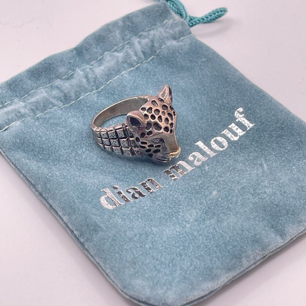 Dian Malouf Sterling Silver & 14K Gold Leopard Head Ring Textured Band Size 10